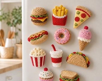 Crochet Food Fridge Magnets, Mini Food Magnet Set, Handmade Kitchen Decor, Cute Crochet Magnet, Burger Pizza Taco Magnet, Housewarming Gift