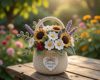 Crochet Sunflower & Lavender Basket, Handmade Flower Pot Mother’s Day Gift, Crochet Floral Arrangement, Rustic Desktop Decor