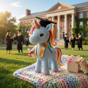 May include: A crocheted blue unicorn wearing a graduation cap and holding a diploma. The unicorn has a golden horn, rainbow mane and tail, and pink hooves. It stands on a colorful blanket with a gift box nearby. The word "GRAD" is visible on the diploma.