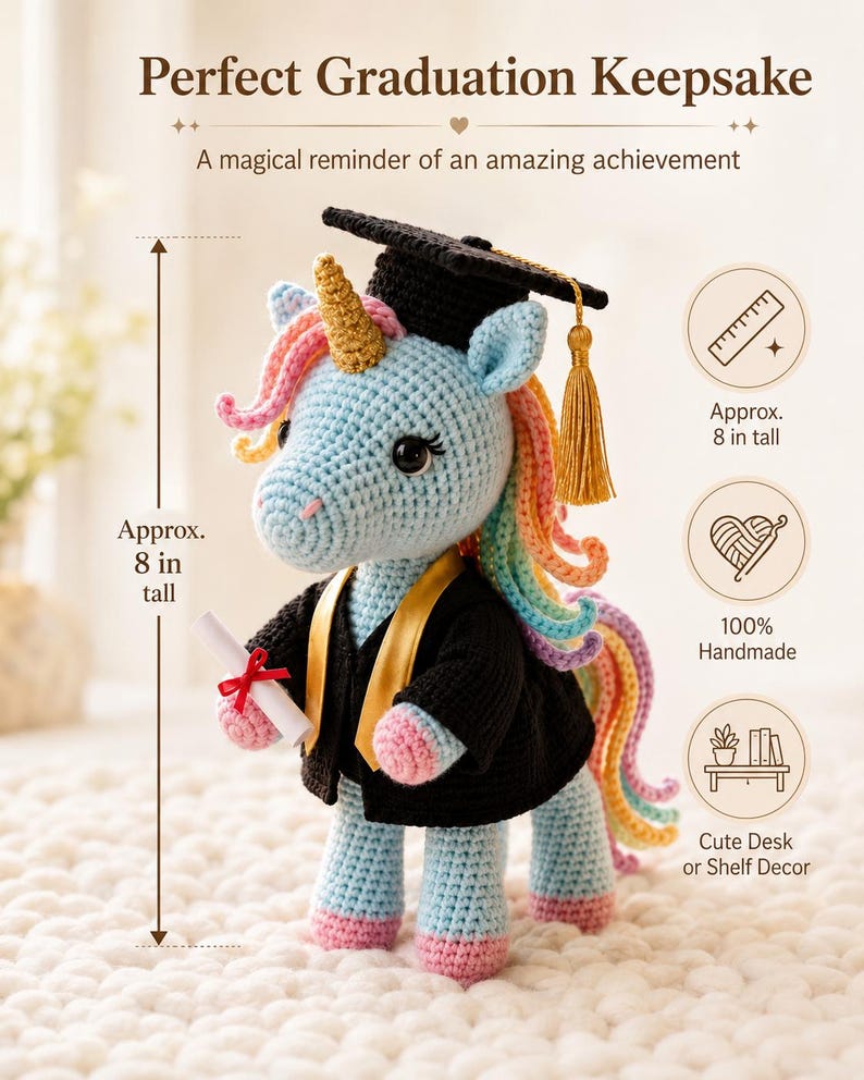 May include: A handmade, crocheted unicorn graduation keepsake, approximately 8 inches tall. The unicorn is light blue with a gold horn, rainbow mane, and a black graduation cap and gown. It holds a diploma with a red ribbon.
