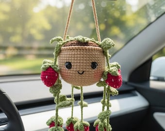 Crochet Strawberry Hanging Plant, Cute Car Charm Rearview Mirror Decor, Kawaii Amigurumi Strawberry, Handmade Gift, Car Accessories