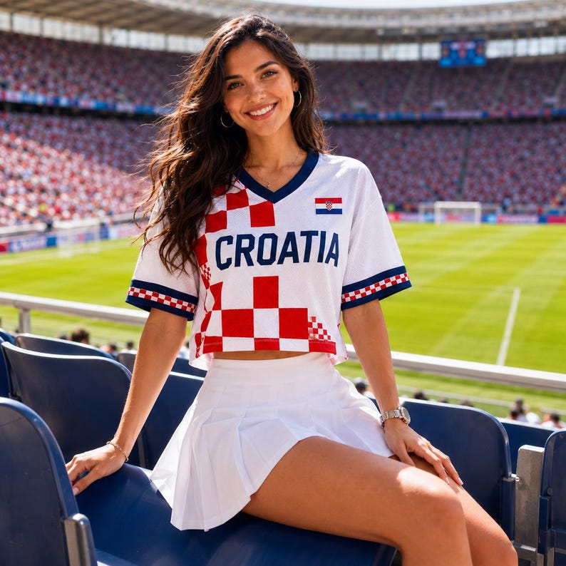 May include: A white cropped V-neck jersey featuring a red and white checkered pattern on the front, the word CROATIA in blue letters, and a small Croatian flag emblem on the chest, paired with a plain white pleated mini skirt.