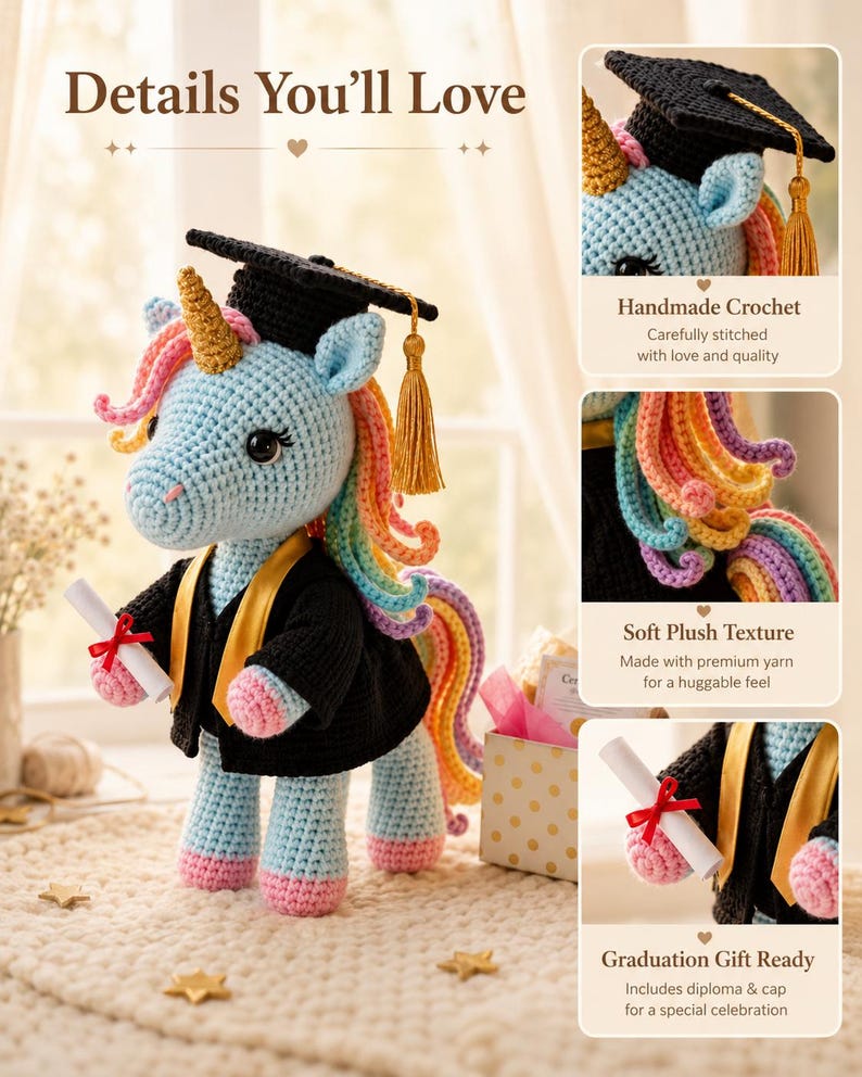 May include: A handmade crochet unicorn in graduation attire. The light blue unicorn has a rainbow mane and tail, wearing a black graduation cap and gown with a gold tassel. It holds a diploma tied with a red ribbon. The text "Details You'll Love" is at the top.