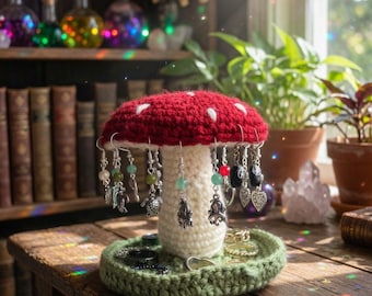 Crochet Mushroom Jewelry Holder, Cottagecore Ring Stand, Crystal Witch Aesthetic Decor, Handmade Earring Organizer, Gift for Her