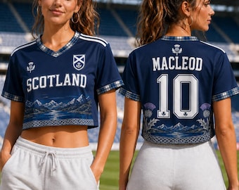 Maillot court d'Écosse, maillot de football personnalisé d'Écosse, haut personnalisé de fan de football MacLeod 10, tenue le jour du match pour femme