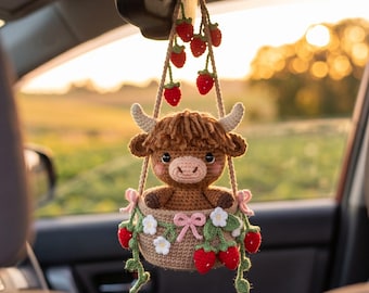 Highland Cow Mirror Hanging, Crochet Cow Car Ornament, Cottagecore Car Charm, Cute Farm Animal Decor