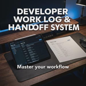 Puede incluir: Una tableta con un lápiz óptico, un documento impreso y un ratón de ordenador sobre un escritorio de madera. La tableta muestra una interfaz de "Work Log". El texto de la imagen dice "DEVELOPER WORK LOG & HANDOFF SYSTEM" y "Master your workflow."