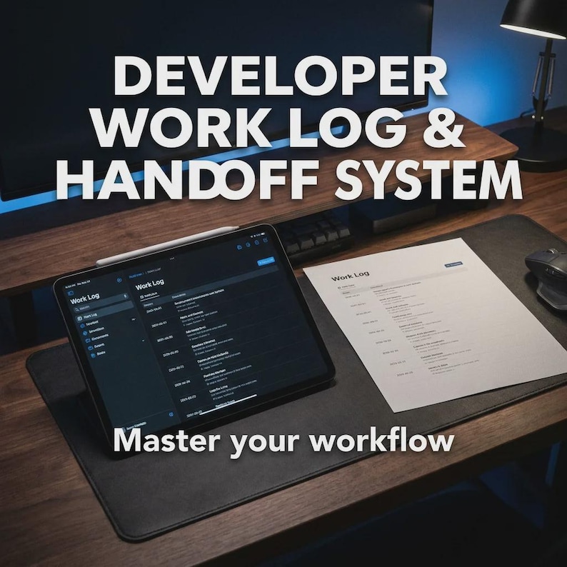 May include: A tablet with a stylus, a printed document, and a computer mouse on a wooden desk. The tablet displays a "Work Log" interface. Text on the image reads "DEVELOPER WORK LOG & HANDOFF SYSTEM" and "Master your workflow."