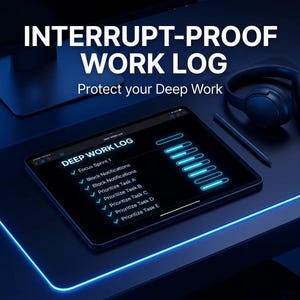 May include: A digital tablet displaying a "DEEP WORK LOG" interface, with progress bars and task prioritization. The text "INTERRUPT-PROOF WORK LOG" and "Protect your Deep Work" are at the top. A stylus and headphones are visible. The color scheme is dark blue.
