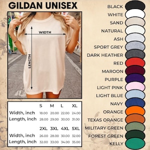 May include: A Gildan Unisex t-shirt in a natural color is shown, with measurements in inches for sizes S to 5XL. The image also displays a color chart with options like black, white, red, and navy. The shirt's width ranges from 18 to 32 inches.