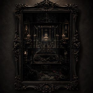 May include: A dark, ornate, rectangular black frame surrounds a glass display case containing a metallic crown resting on a velvet cushion. The display features a small plaque with the text The Last Crown of the Fallen Queen, surrounded by candles.