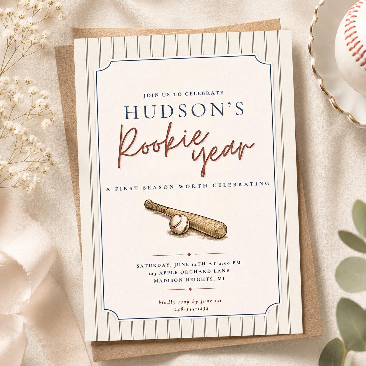 Rookie Year First Birthday Invitation Template, Vintage Baseball 1st ...