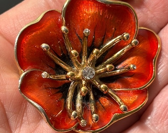 Vintage Monet Orange Flower and Enamel Brooch with Rhinestones.