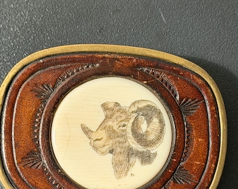 Vintage Brass and Leather Belt Buckl w/Scrimshaw Bighorn Ram
