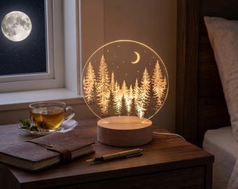 Engraved Forest Moon Pine Tree Night Light, Beech Wood LED Lamp, Cozy Bedroom Decor