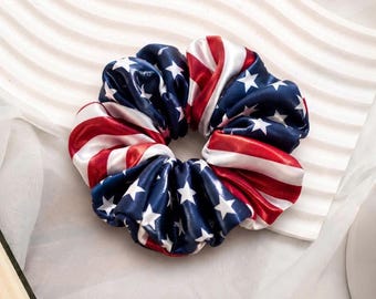 Red White Blue Scrunchie, USA Flag Hair Tie, Patriotic Satin Hair Accessory for Women