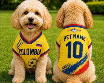 Personalized Colombia Soccer Dog Jersey, Custom Pet Name Number Shirt, Yellow Sports Apparel
