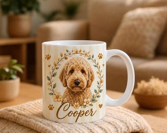 Custom Dog Portrait Ceramic Mug, Personalized Pet Name Coffee Cup, Floral Dog Design