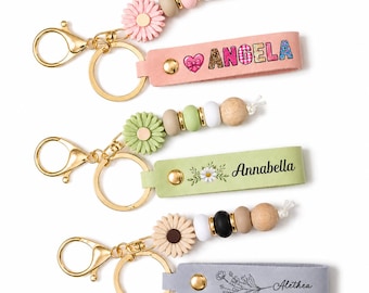 Personalized Faux Leather Wristlet Keychain, Daisy Bead Charm, Custom Name Accessory