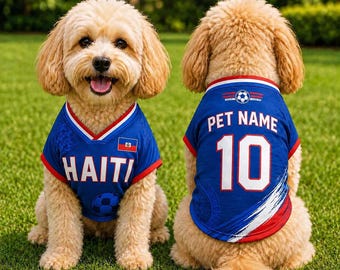 Personalized Haiti Soccer Dog Jersey, Custom Pet Name Number Shirt, Blue Red Sports Apparel