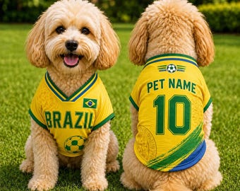 Personalized Brazil Dog Jersey, Custom Pet Name and Number Shirt, Brazil Soccer Dog Outfit, Yellow Pet Sports Jersey