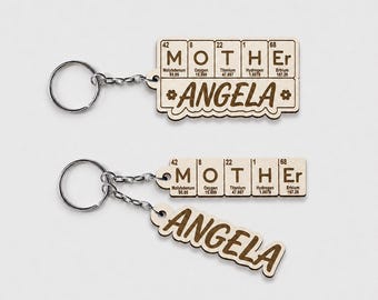 Personalized Wooden Mother Keychain, Periodic Table Name Keyring