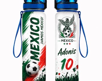 Personalized Mexico Soccer Water Bottle, Custom Name Number Sports Bottle, Mexican Flag Fan Gift