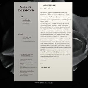 K&ouml;nnte beinhalten: Eine Vorlage f&uuml;r ein Anschreiben mit dem Namen Olivia Desmond oben. Der Brief ist an einen Einstellungsmanager gerichtet und enth&auml;lt Tipps f&uuml;r ein starkes Anschreiben. Eine gr&uuml;ne Rei&szlig;zwecke befindet sich in der oberen linken Ecke.