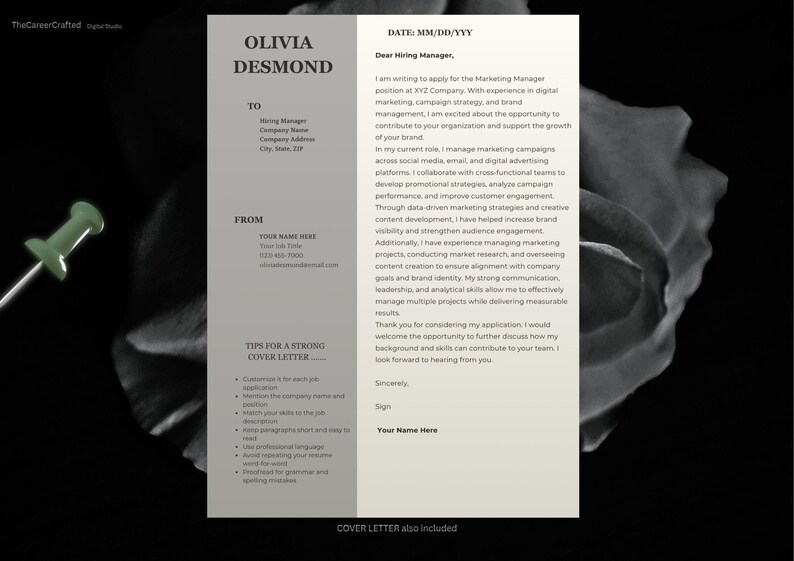 K&ouml;nnte beinhalten: Eine Vorlage f&uuml;r ein Anschreiben mit dem Namen Olivia Desmond oben. Der Brief ist an einen Einstellungsmanager gerichtet und enth&auml;lt Tipps f&uuml;r ein starkes Anschreiben. Eine gr&uuml;ne Rei&szlig;zwecke befindet sich in der oberen linken Ecke.