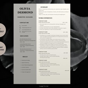 K&ouml;nnte beinhalten: Professionelle Lebenslaufvorlage f&uuml;r eine Marketing Managerin namens Olivia Desmond. Das Design ist minimalistisch, mit einem hellgrauen und wei&szlig;en Farbschema. Der Lebenslauf enth&auml;lt Abschnitte f&uuml;r Kontaktinformationen, Ausbildung, F&auml;higkeiten und Berufserfahrung. Die W&ouml;rter "ATS-FRIENDLY" und "INSTANT DOWNLOAD" sind ebenfalls sichtbar.