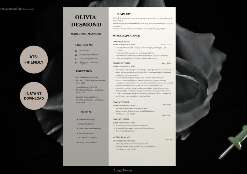 K&ouml;nnte beinhalten: Professionelle Lebenslaufvorlage f&uuml;r eine Marketing Managerin namens Olivia Desmond. Das Design ist minimalistisch, mit einem hellgrauen und wei&szlig;en Farbschema. Der Lebenslauf enth&auml;lt Abschnitte f&uuml;r Kontaktinformationen, Ausbildung, F&auml;higkeiten und Berufserfahrung. Die W&ouml;rter "ATS-FRIENDLY" und "INSTANT DOWNLOAD" sind ebenfalls sichtbar.