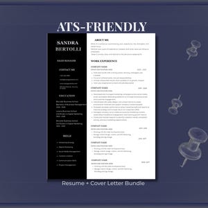 Puede incluir: Una plantilla de currículum profesional con un diseño de dos columnas, una barra lateral negra a la izquierda y una sección principal blanca a la derecha. El texto incluye encabezados como ATS-FRIENDLY, SANDRA BERTOLLI, ABOUT ME, WORK EXPERIENCE.