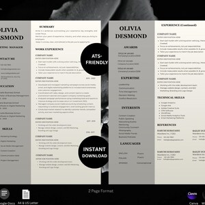 K&ouml;nnte beinhalten: Zweiseitige Lebenslaufvorlage in Graut&ouml;nen mit dem Namen "Olivia Desmond" und dem Titel "Marketing Manager". Das Design umfasst Abschnitte f&uuml;r Kontaktinformationen, Ausbildung, F&auml;higkeiten und Berufserfahrung. Der Text "ATS-FRIENDLY" und "INSTANT DOWNLOAD" sind ebenfalls sichtbar.