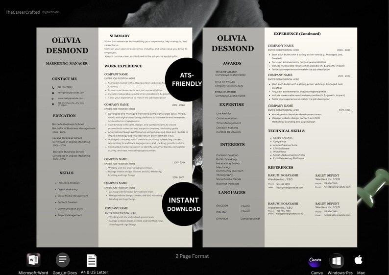K&ouml;nnte beinhalten: Zweiseitige Lebenslaufvorlage in Graut&ouml;nen mit dem Namen "Olivia Desmond" und dem Titel "Marketing Manager". Das Design umfasst Abschnitte f&uuml;r Kontaktinformationen, Ausbildung, F&auml;higkeiten und Berufserfahrung. Der Text "ATS-FRIENDLY" und "INSTANT DOWNLOAD" sind ebenfalls sichtbar.