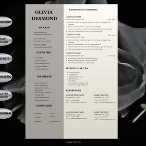 K&ouml;nnte beinhalten: Minimalistisches Lebenslauf-Template mit dem Namen "Olivia Desmond" oben. Enth&auml;lt Abschnitte f&uuml;r Auszeichnungen, Fachwissen, Interessen und Erfahrung. Das Design ist ATS-freundlich und einfach zu bearbeiten. 1-seitiges Format.