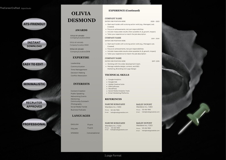 K&ouml;nnte beinhalten: Minimalistisches Lebenslauf-Template mit dem Namen "Olivia Desmond" oben. Enth&auml;lt Abschnitte f&uuml;r Auszeichnungen, Fachwissen, Interessen und Erfahrung. Das Design ist ATS-freundlich und einfach zu bearbeiten. 1-seitiges Format.