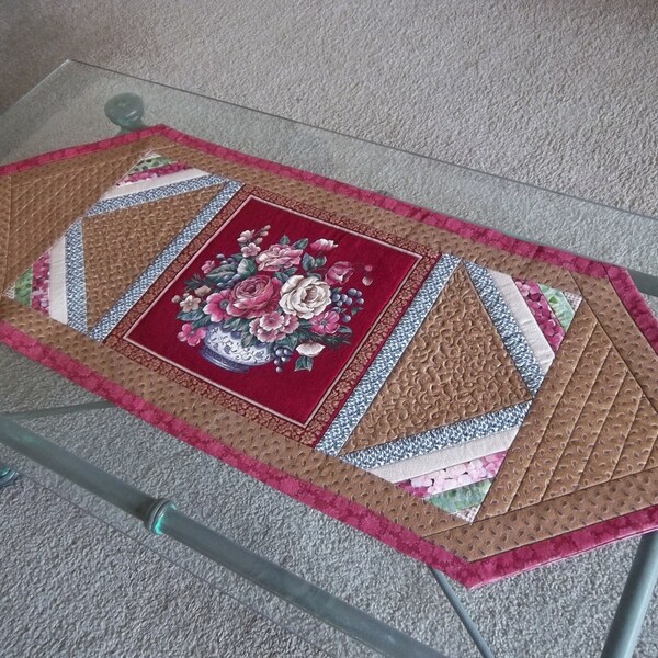 Quilted Table Runner, Fall Colors, Floral, Brown and Burgundy