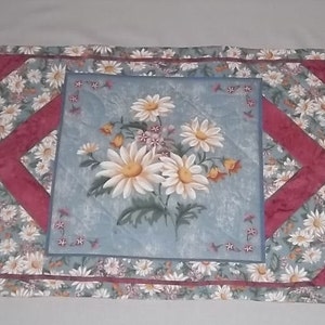 Spring Table Runner, Blue Floral Table Runner, Quilted Blue Table Runner With Daisies