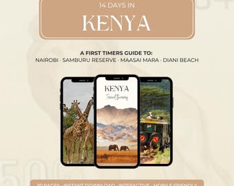 May include: A digital travel guide for Kenya, with a tan banner reading "14 DAYS IN KENYA." The guide showcases images of giraffes, elephants, and a safari vehicle on smartphones. The guide's text includes "A First Timers Guide To: Nairobi, Samburu Reserve, Maasai Mara, Diani Beach."