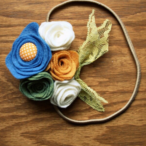 Poppy Button Headband (Adult) - Blue, Ivory, Mustard, and Sage Felt Floral Bouquet with Orange Polkadot Fabric Button with Green Lace