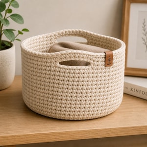 May include: A cream-colored, hand-crocheted basket with two oval handles. A small, brown leather tag with a leaf design is attached to the side. The basket contains a folded, tan-colored blanket. The basket is sitting on a wooden surface.