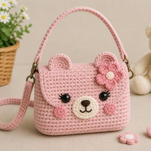 May include: A pink crocheted purse shaped like a bear with a flower accent. The purse has a handle and a shoulder strap. The bear face features black eyes, a white muzzle, and a stitched mouth. A small flower and heart-shaped embellishments are nearby.