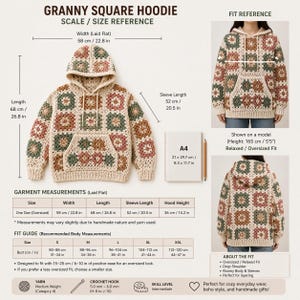 May include: Granny square hoodie in cream, green, and rose tones. The oversized hoodie has a hood and a front pocket. The width is 22.8 inches, the length is 26.8 inches, and the sleeve length is 20.5 inches. The text on the image says "Granny Square Hoodie".