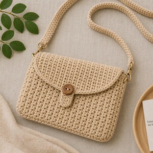 Puede incluir: Bolso bandolera de crochet beige con cierre de solapa y botón de madera. El bolso tiene una correa a juego y herrajes dorados. El bolso es rectangular y parece hecho a mano.
