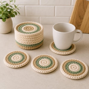Puede incluir: Un juego de posavasos redondos de ganchillo con anillos concéntricos en color crema, verde salvia y beige. Los posavasos están dispuestos con tres planos sobre la superficie, uno bajo una taza de cerámica blanca y una pila en un soporte.