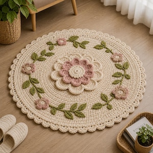 Peut inclure: Un tapis rond en crochet de couleur crème avec un motif floral. Le tapis présente une grande fleur rose au centre, entourée de petites fleurs roses et de feuilles vertes. Le bord du tapis a une bordure festonnée.
