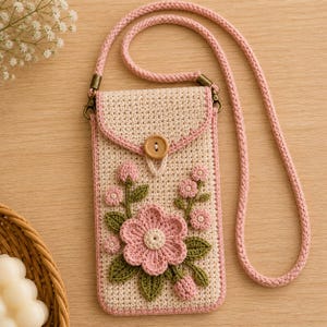 Könnte beinhalten: Gehäkelte Handy-Umhängetasche in Creme und Rosa. Die Tasche hat eine große rosa Blume mit grünen Blättern und kleinere rosa Blumen. Sie hat einen rosa Riemen und einen Holzknopfverschluss. Die Tasche ist ca. 18 cm hoch und 10 cm breit.