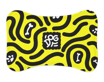 Yellow Paw & Bone Pattern Pet Feeding Mat | Non-Slip Dog Bowl Placemat