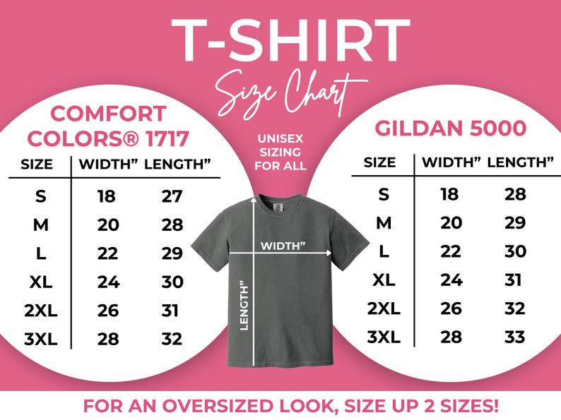 May include: A T-shirt size chart on a pink background featuring two tables for Comfort Colors 1717 and Gildan 5000 models. The chart displays width and length measurements in inches for sizes S through 3XL, with a central gray T-shirt graphic.
