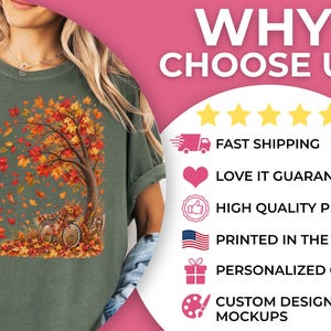 May include: A moss green t-shirt featuring a graphic of a tree with orange and red autumn leaves blowing in the wind, a bicycle with a basket of flowers, and the text WHY CHOOSE US with five yellow stars and a list of service features.